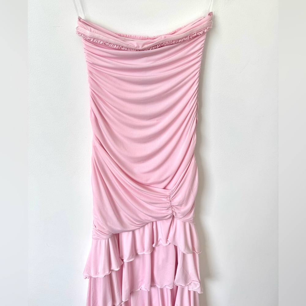 Oh Polly Hayami Bandeau Ruched Ruffle-Trim Maxi Dress in Blush - Size 2 - Picture 9 of 16